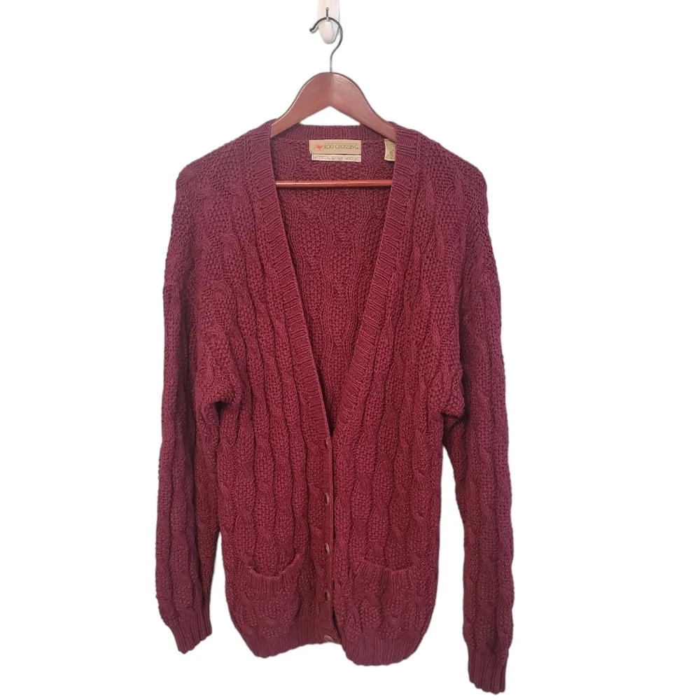 Vintage Roo‎ Crossing Special Hand Knit Cottage Red Sweater Cardigan Size M